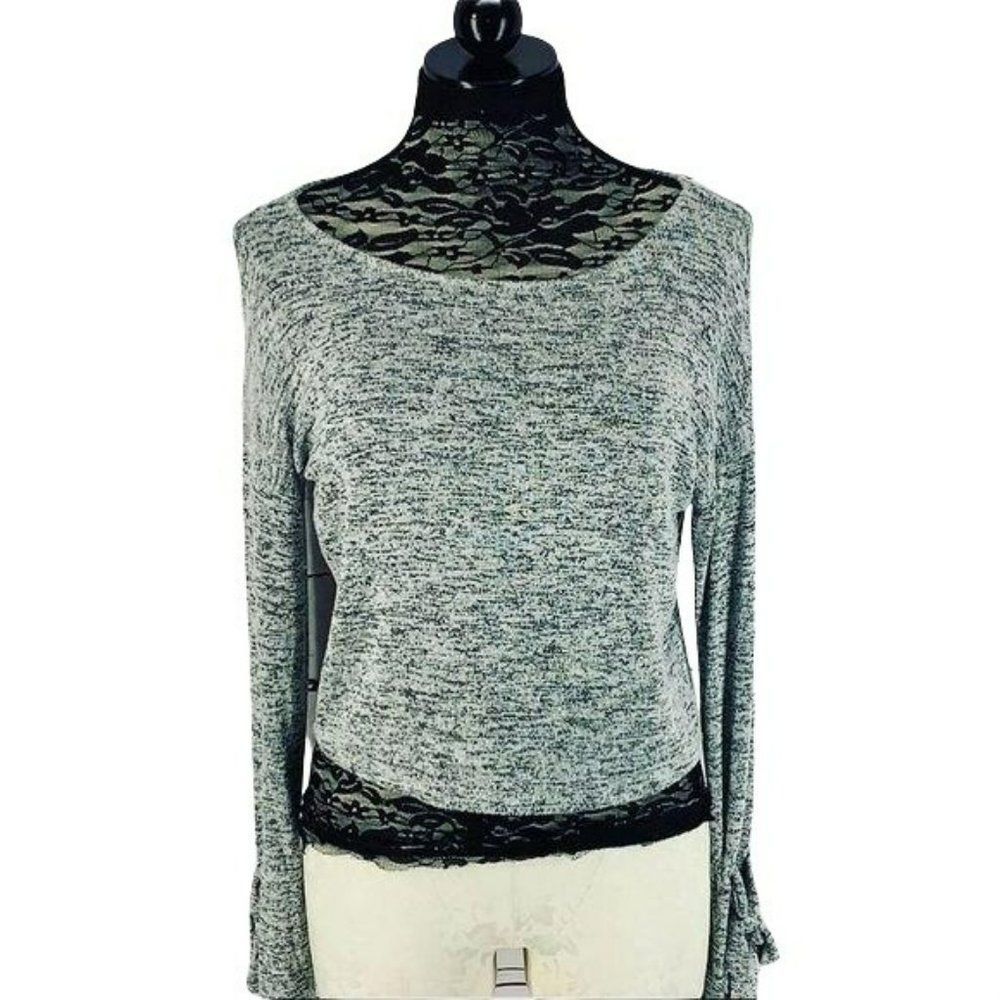 Garage Oh So Soft Marled Grey Tie Sleeve Knit Top Small